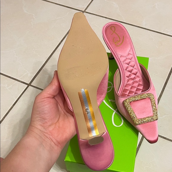 Sam Edelman Pink Satin Mules with Gold Buckle - Picture 5 of 9